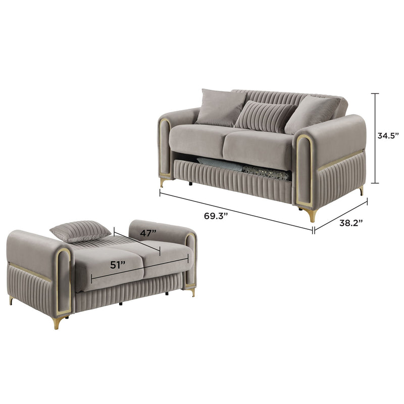 Light gray loveseat with ribbed upholstery, two cushions, and gold-accented arm borders.