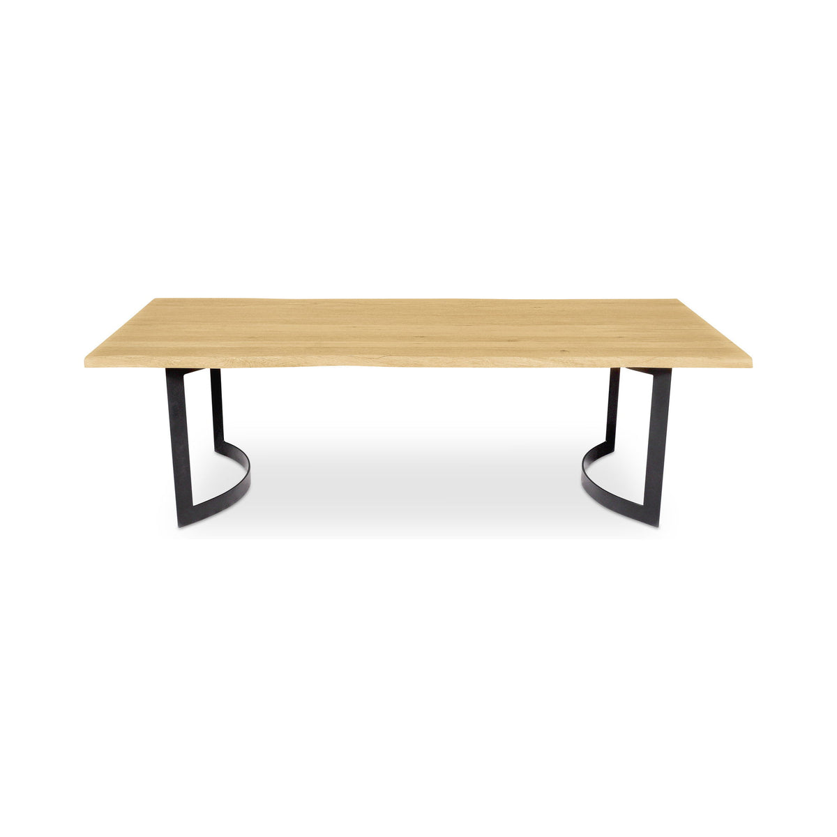 Small natural oak dining table with flat top and black metal bent legs