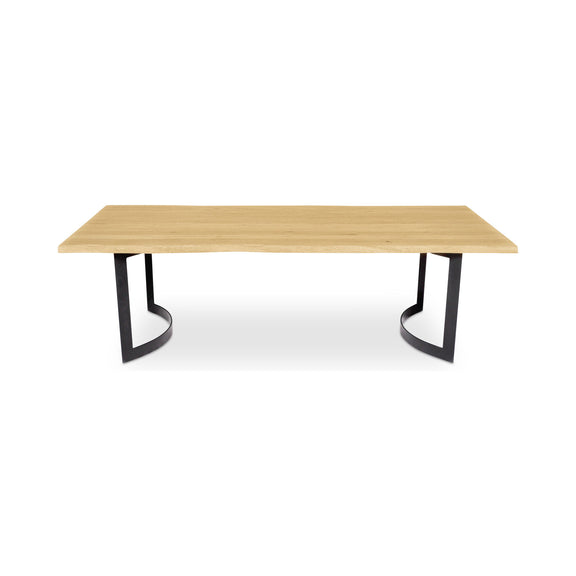 Small natural oak dining table with flat top and black metal bent legs