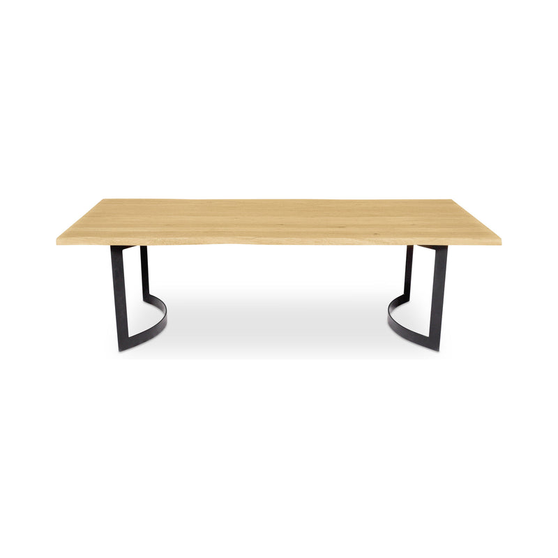 Small natural oak dining table with flat top and black metal bent legs