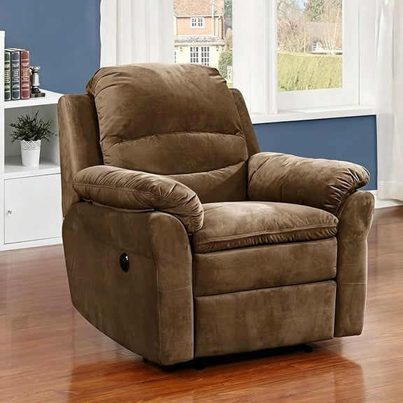 Brown recliner chair in upright position with padded headrest and side button