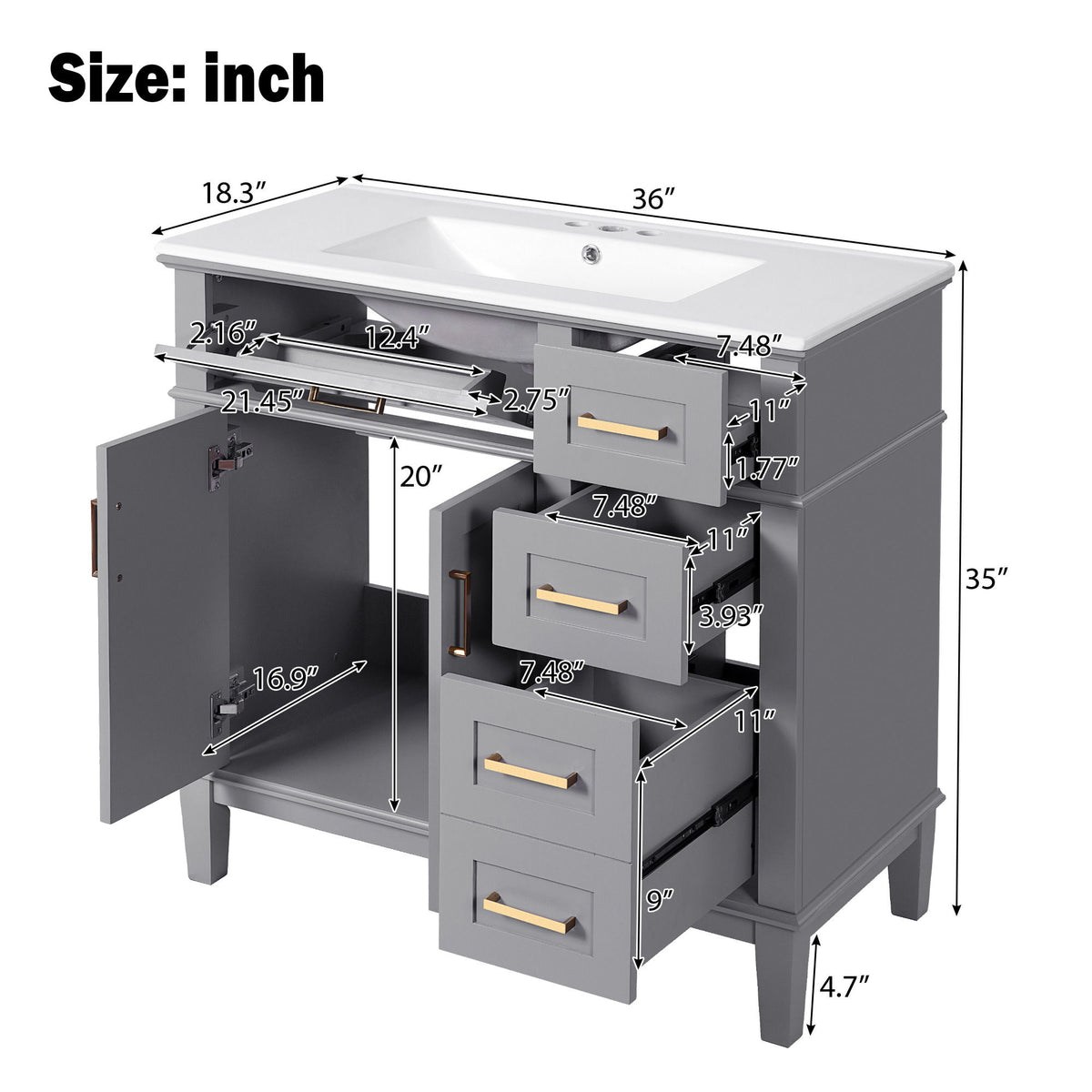 Modern Bathroom Vanity With Ceramic Sink, Soft Close Storage Cabinet