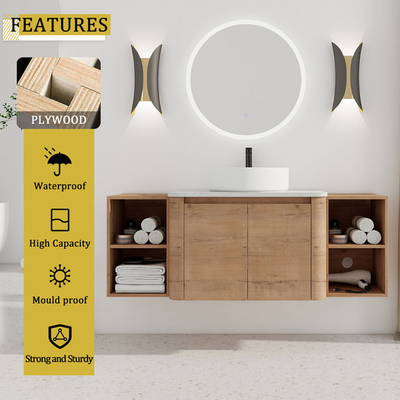 Bathroom vanity with white vessel sink and two side open storage shelves; central cabinet door