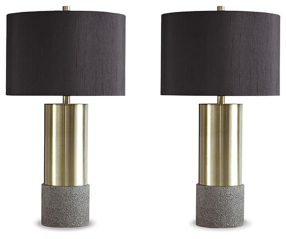 Set of 2 metal table lamps with gray fabric shades and brass cylinder bases