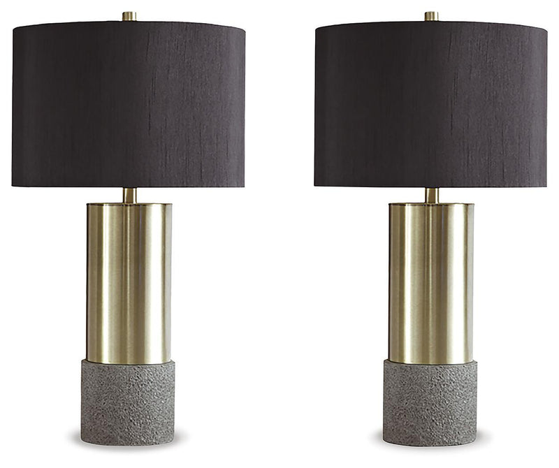 Set of 2 metal table lamps with gray fabric shades and brass cylinder bases