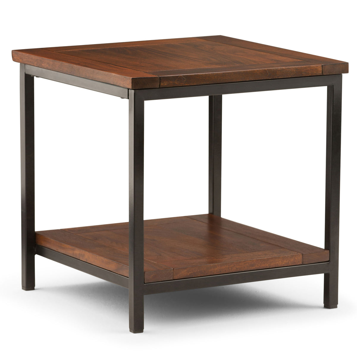 Handcrafted wood table with two-tier shelf and side panel opening on frame.