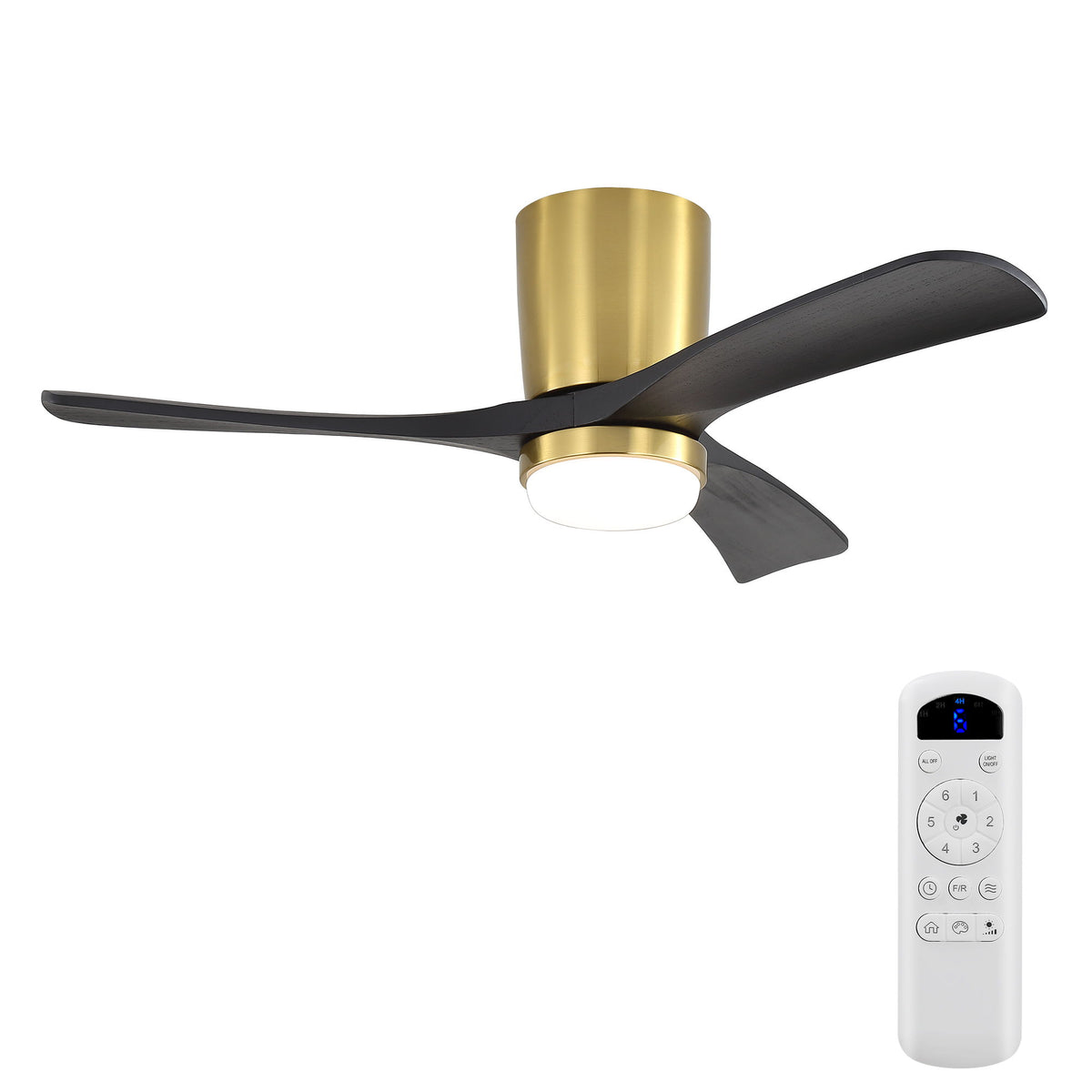 Gold and black ceiling fan with frosted LED light and remote control