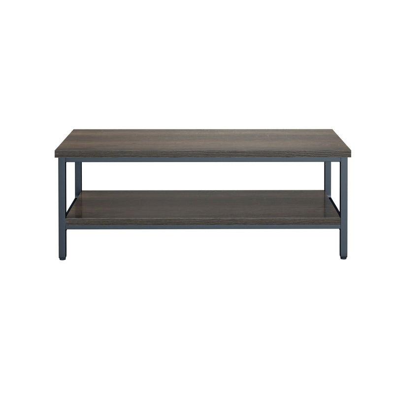 Brown solid wood coffee table with open lower shelf and straight legs
