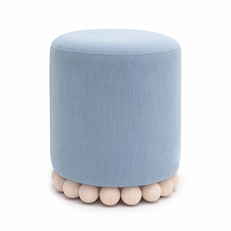Light blue upholstered fabric ottoman with rounded wooden ball base