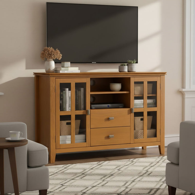 Light brown TV media stand with open shelving, glass-panel doors, and two drawers