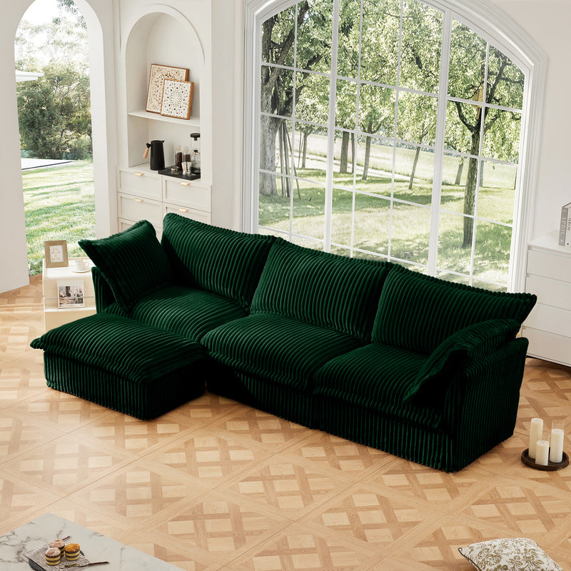 3-Seater Slipcovered L-Shaped Corduroy Sectional Sofa - Green Corduroy