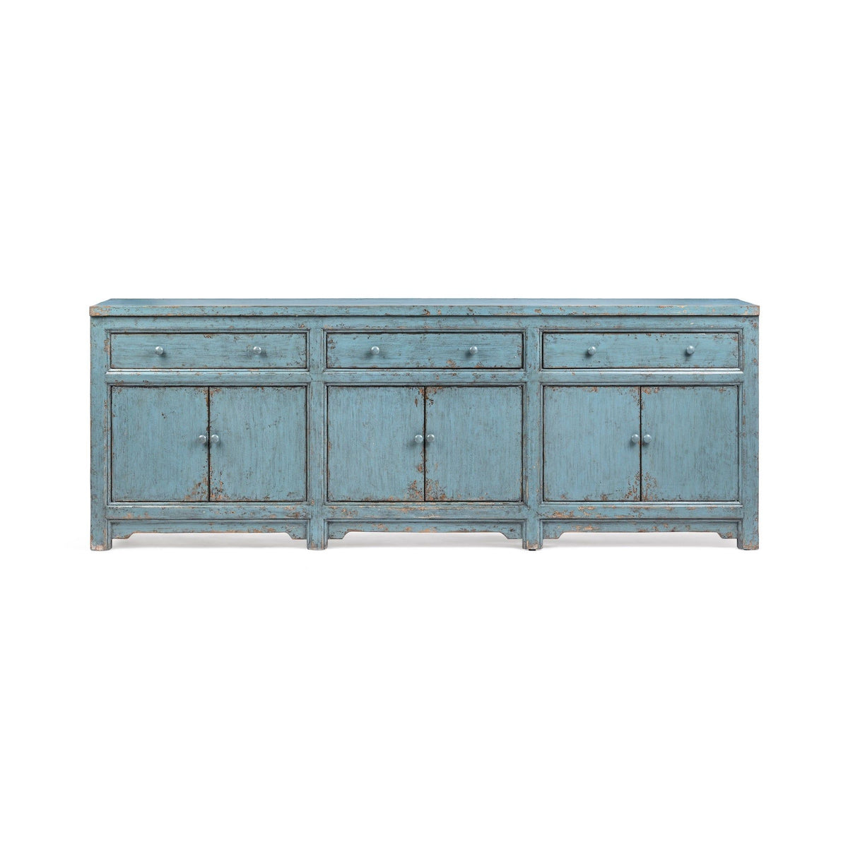 Harbor blue 3-drawer, 6-door sideboard cabinet with metal pulls and distressed wood look