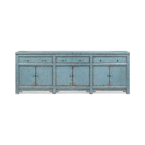 Harbor blue 3-drawer, 6-door sideboard cabinet with metal pulls and distressed wood look
