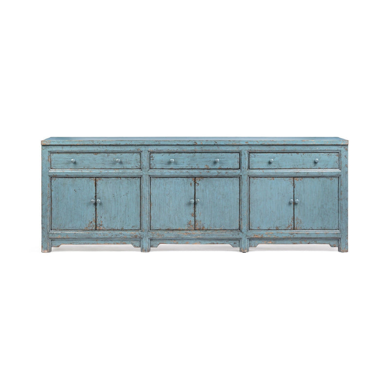 Harbor blue 3-drawer, 6-door sideboard cabinet with metal pulls and distressed wood look