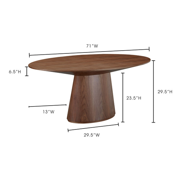 Natural walnut oval dining table with pedestal base and measurement lines