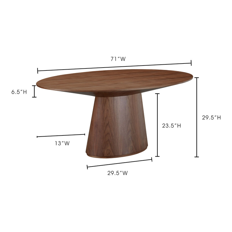 Natural walnut oval dining table with pedestal base and measurement lines