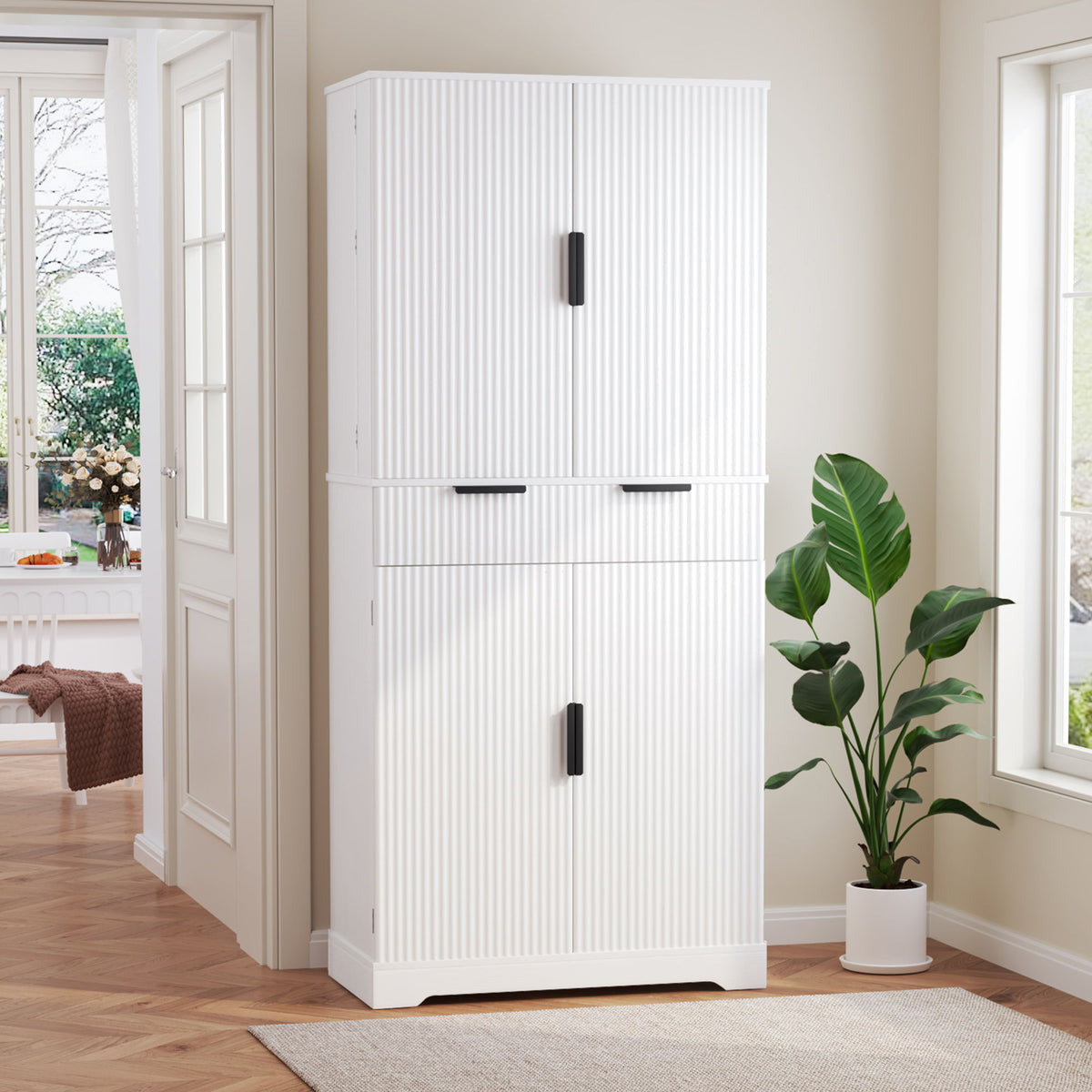 Fluted Kitchen Pantry Cabinet With 3 Keyboard Drawers & 6 Adjustable Door Shelves