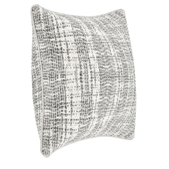 Speckled woven square throw pillow in light gray, angled view with piped edge