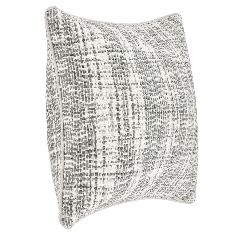 Speckled woven square throw pillow in light gray, angled view with piped edge