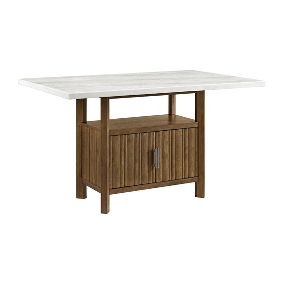 Counter-height dining table with white top and dark brown storage cabinet with door