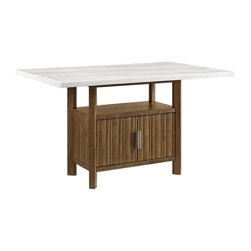 Counter-height dining table with white top and dark brown storage cabinet with door