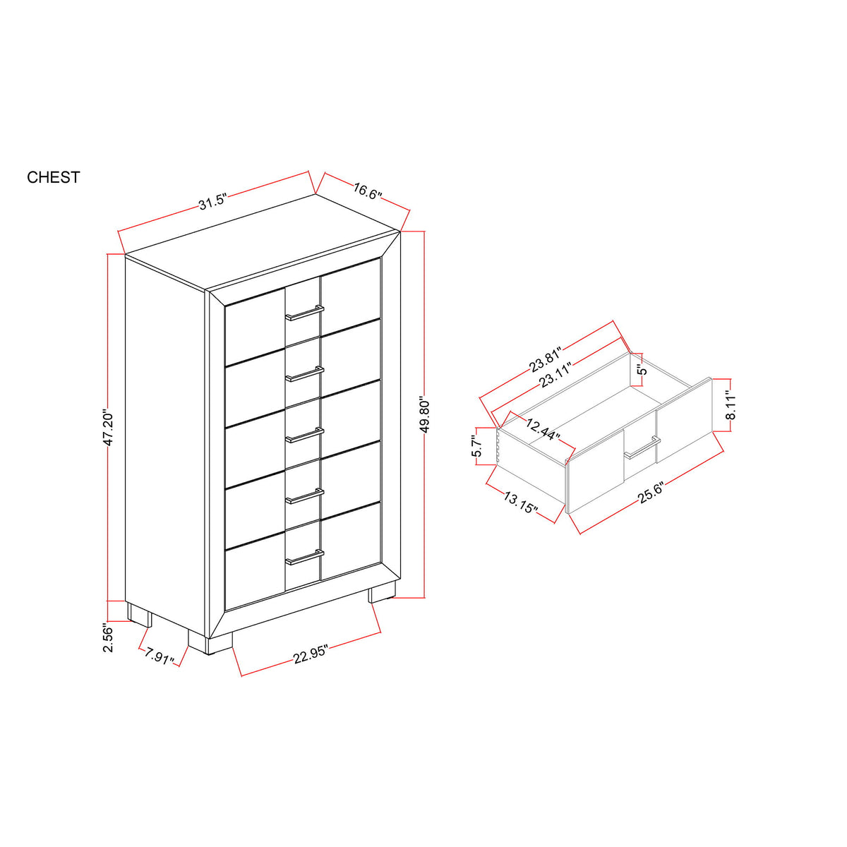 5-drawer chest diagram showing drawer fronts and overall dimensions.