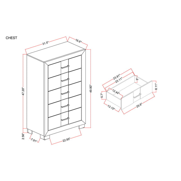 5-drawer chest diagram showing drawer fronts and overall dimensions.