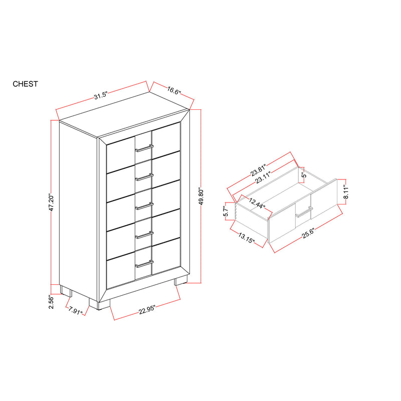 5-drawer chest diagram showing drawer fronts and overall dimensions.