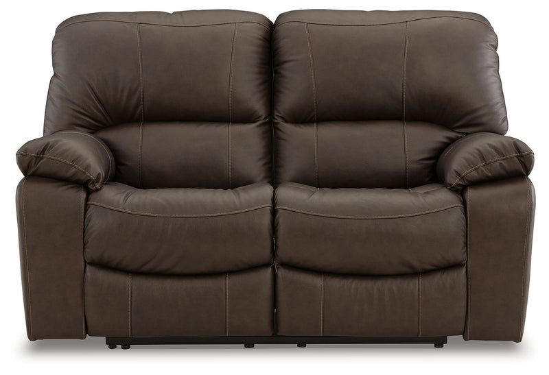 Dark brown power reclining loveseat with split back cushions and rounded armrests
