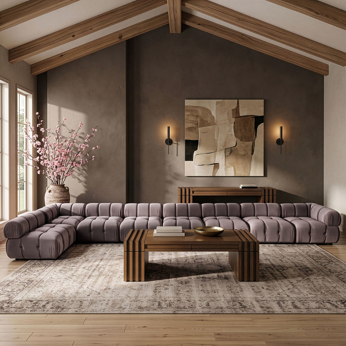 Gray velvet L-shaped sectional sofa with tufted seat and back cushion panels