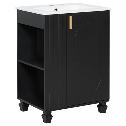 Black bathroom vanity with sink top, open side shelves, and a closed cabinet door