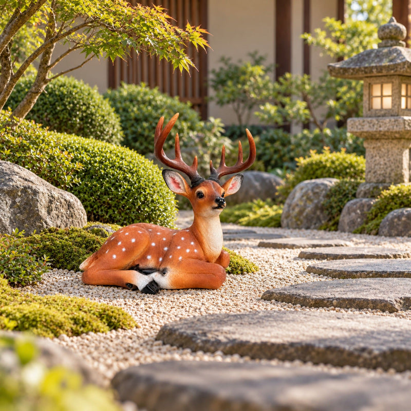 Lying deer statue with brown spotted body and large antlers for garden decor