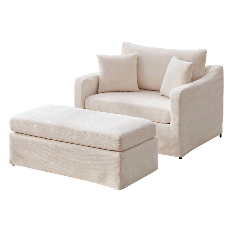 Modern Upholstered Farmhouse Accent Chair with Beige Chenille Fabric, Black Metal Legs, 43.9' Wide, Includes Two Bolster Pillows for Living Room or Lounge