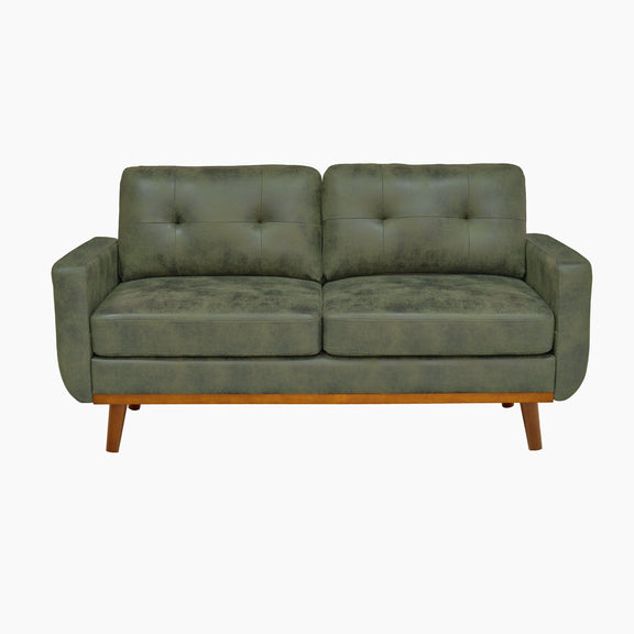 Front view of an olive green two-seat sofa with tufted cushions and wooden legs