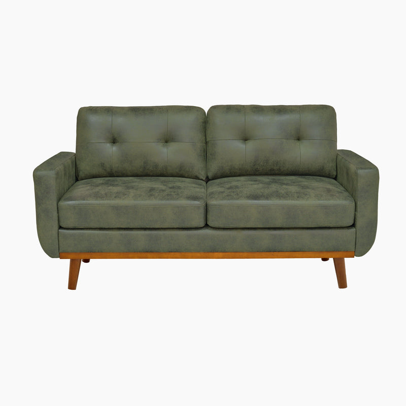 Front view of an olive green two-seat sofa with tufted cushions and wooden legs