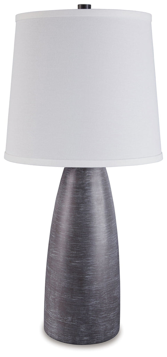 Gray poly table lamp with white fabric shade and textured gray base; set of 2