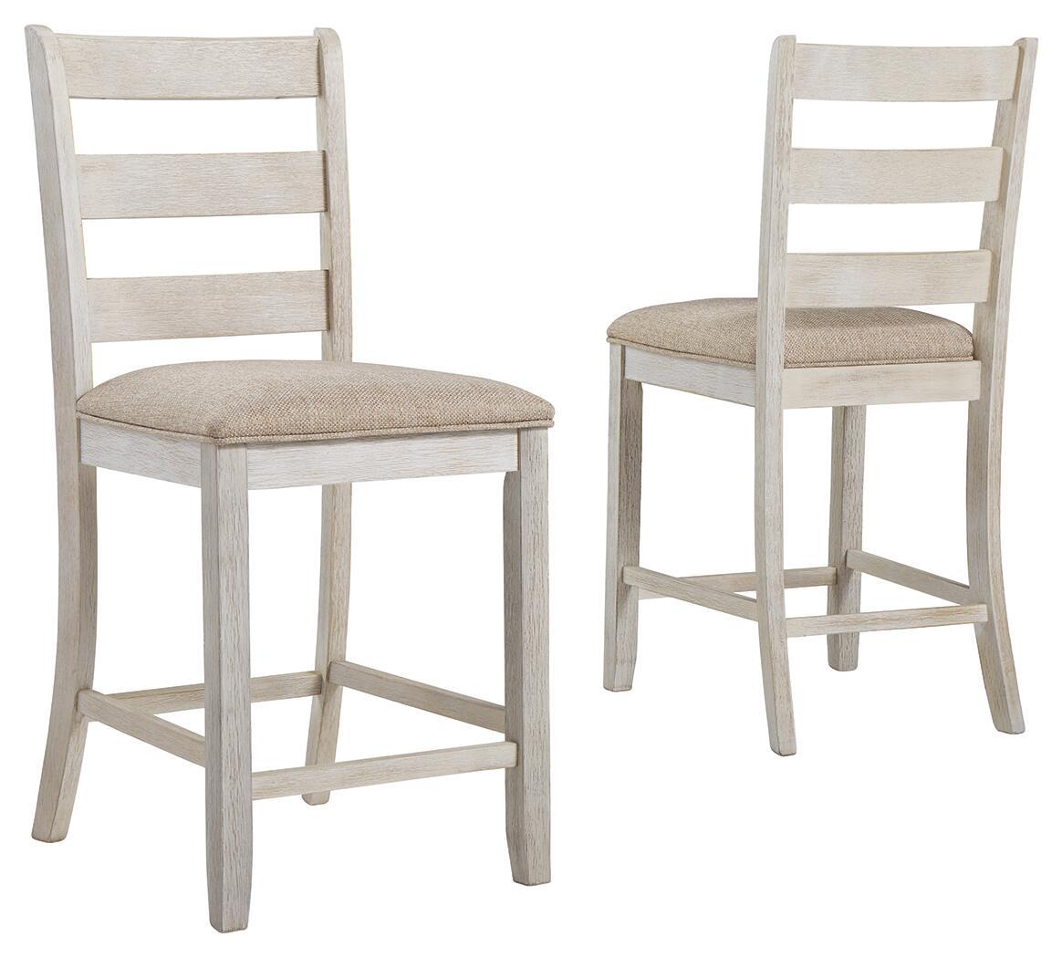 Set of 2 white upholstered barstools with ladder backs and beige seat cushions