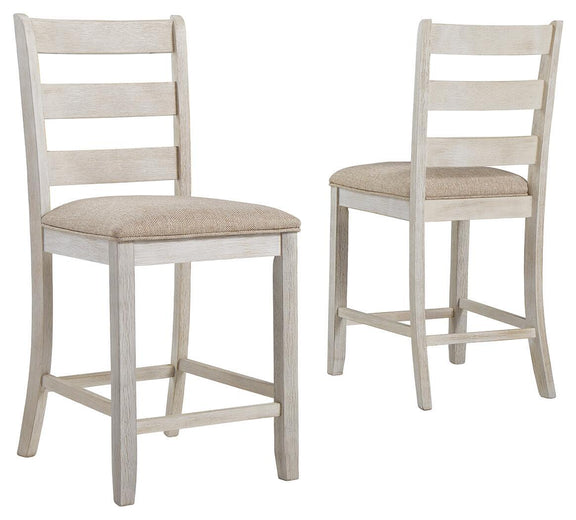 Set of 2 white upholstered barstools with ladder backs and beige seat cushions
