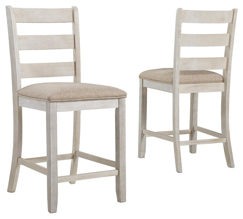 Set of 2 white upholstered barstools with ladder backs and beige seat cushions
