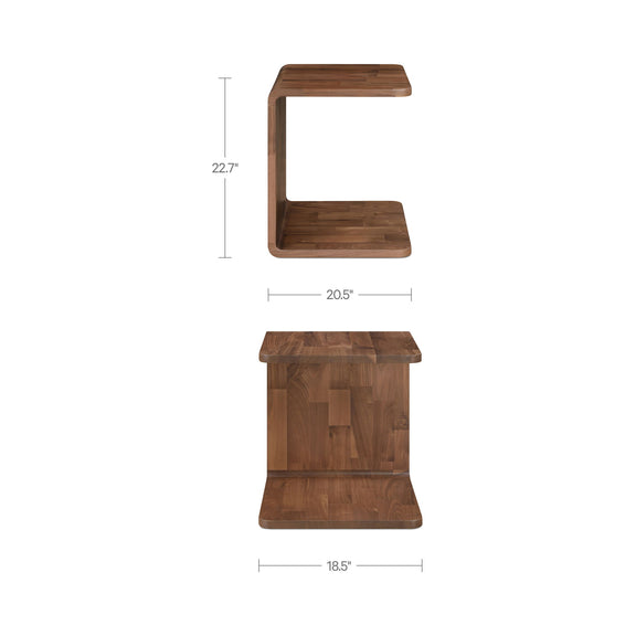 C-shaped wood side table shown from side and front, 22.7 inches high