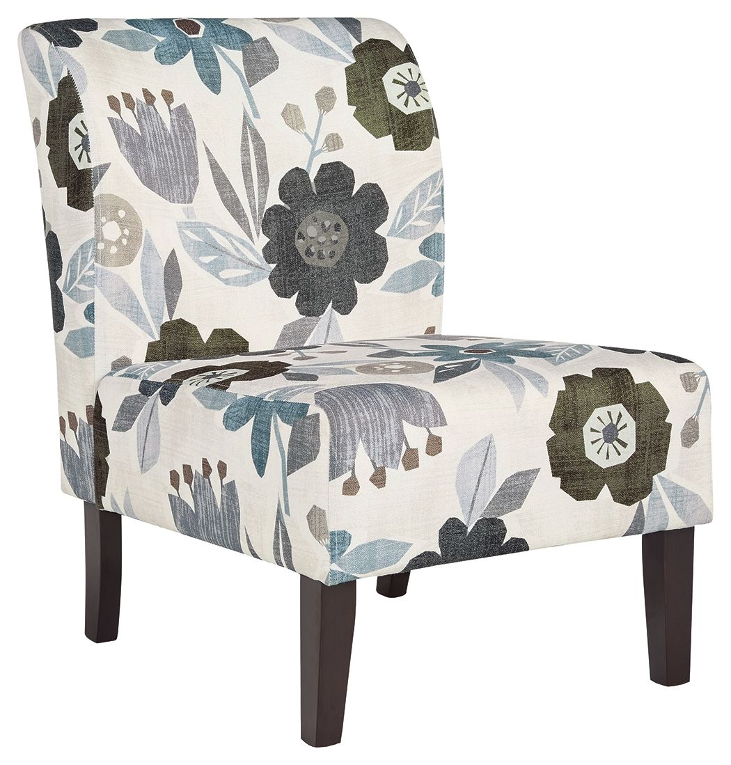 Accent chair in cream and blue floral fabric with dark legs, square arms, padded seat