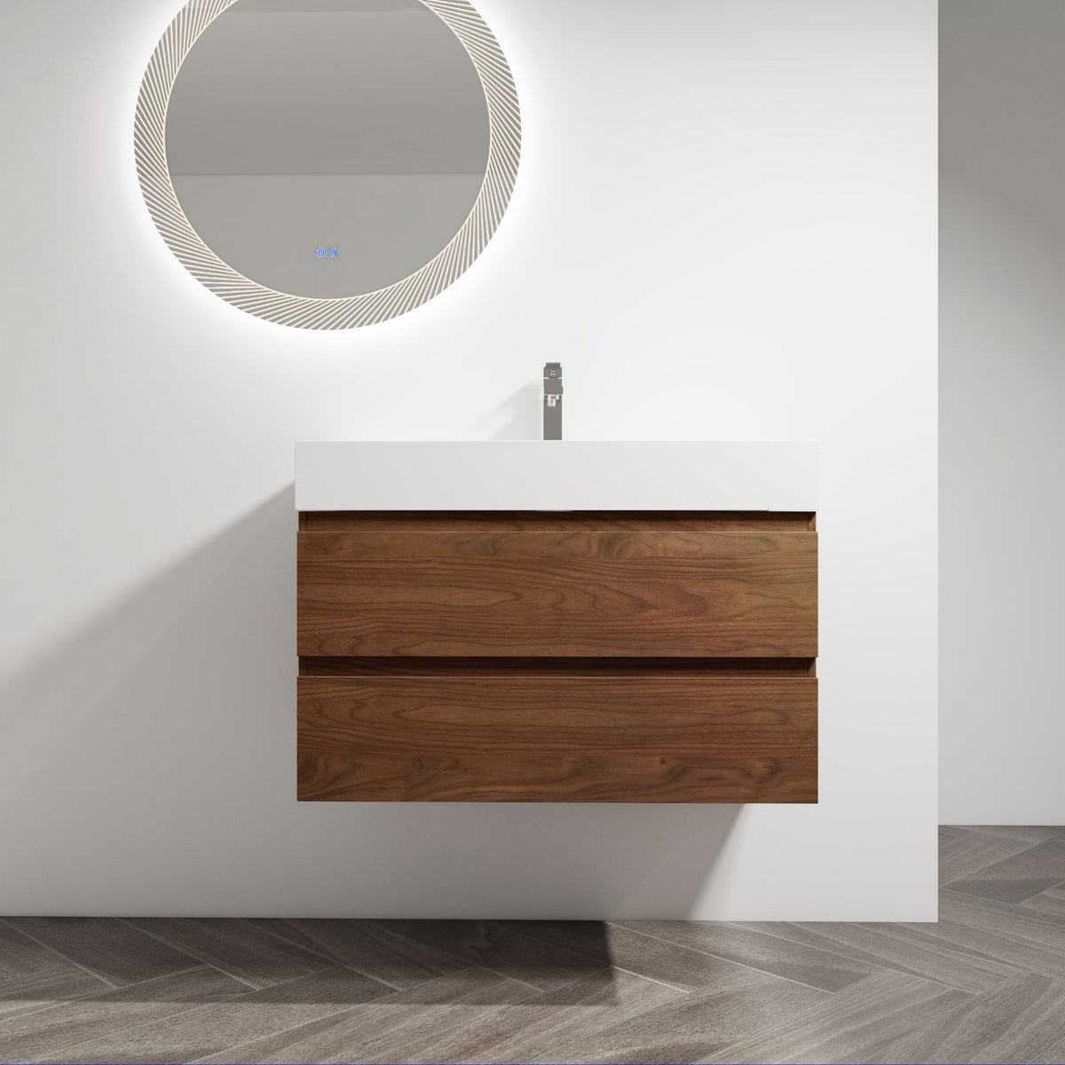 Wall-mounted bathroom vanity with white sink and faucet; dark brown two-drawer cabinet