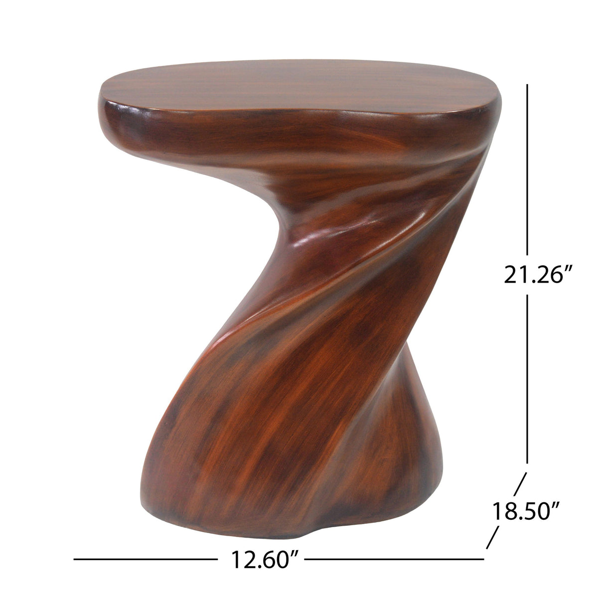 Twisted sculptural side table, dark brown round top with hourglass-style base