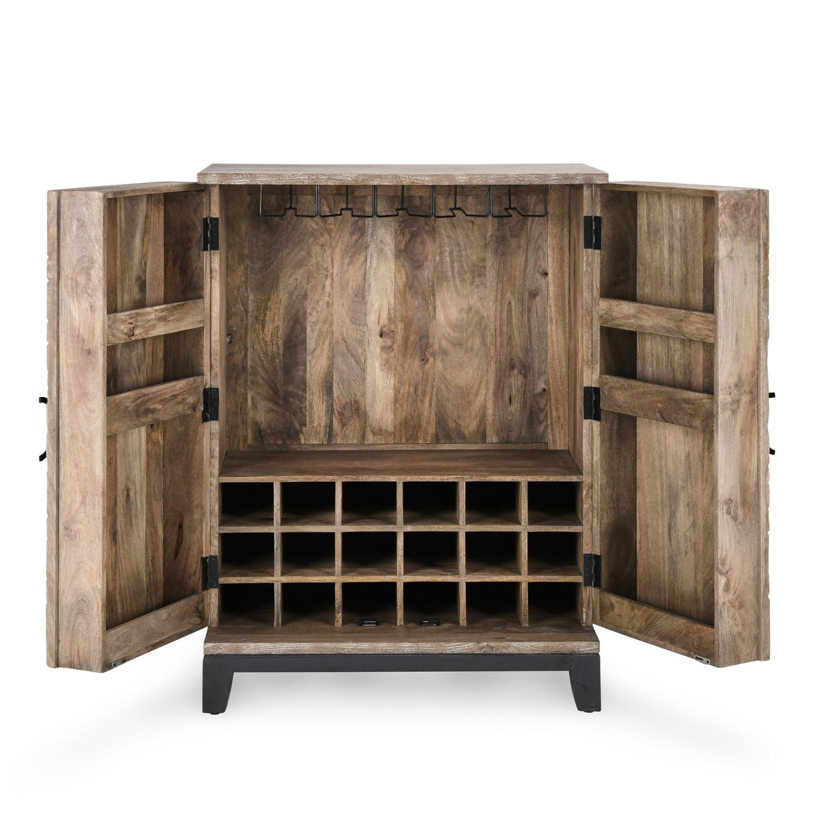 Light brown wood bar cabinet open with interior shelving and wine bottle cubbies