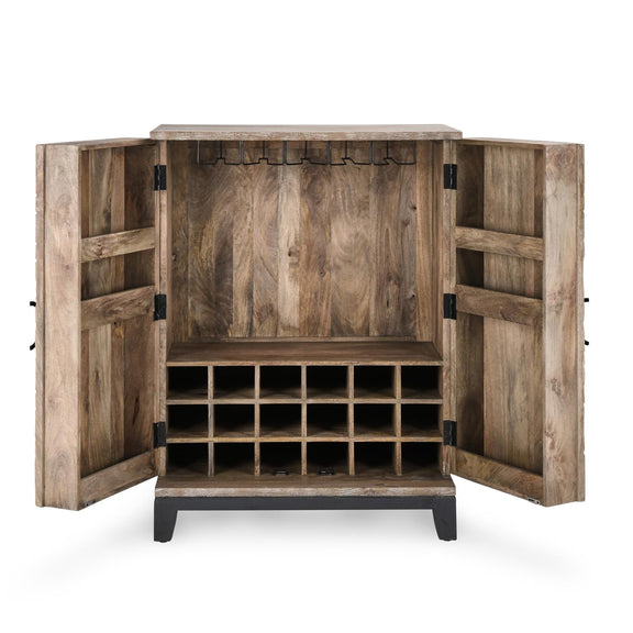 Light brown wood bar cabinet open with interior shelving and wine bottle cubbies