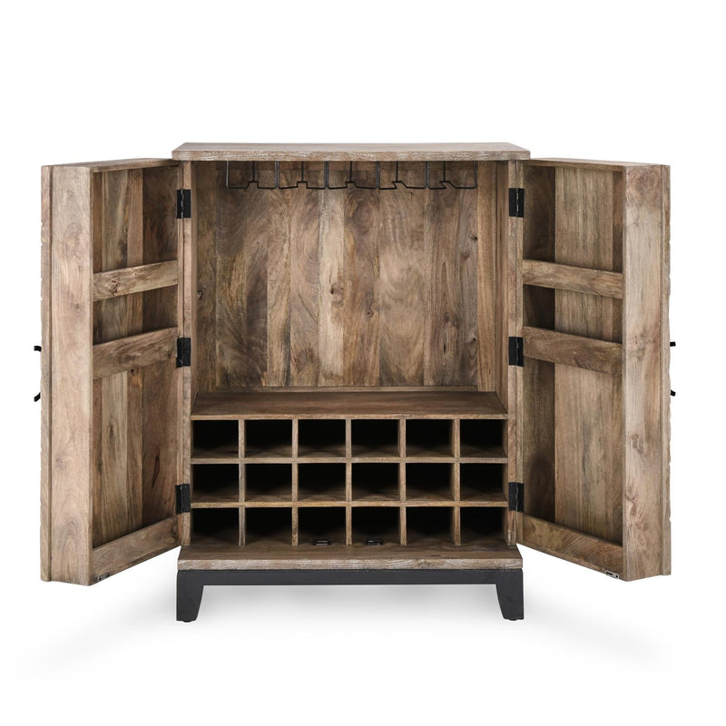 Light brown wood bar cabinet open with interior shelving and wine bottle cubbies