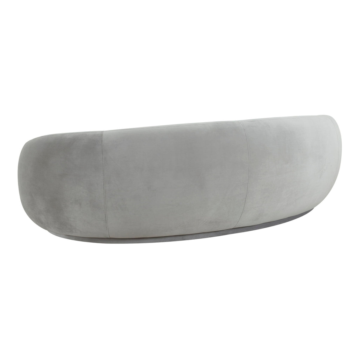Velvet sofa in light gray with rounded back and curved, armless profile
