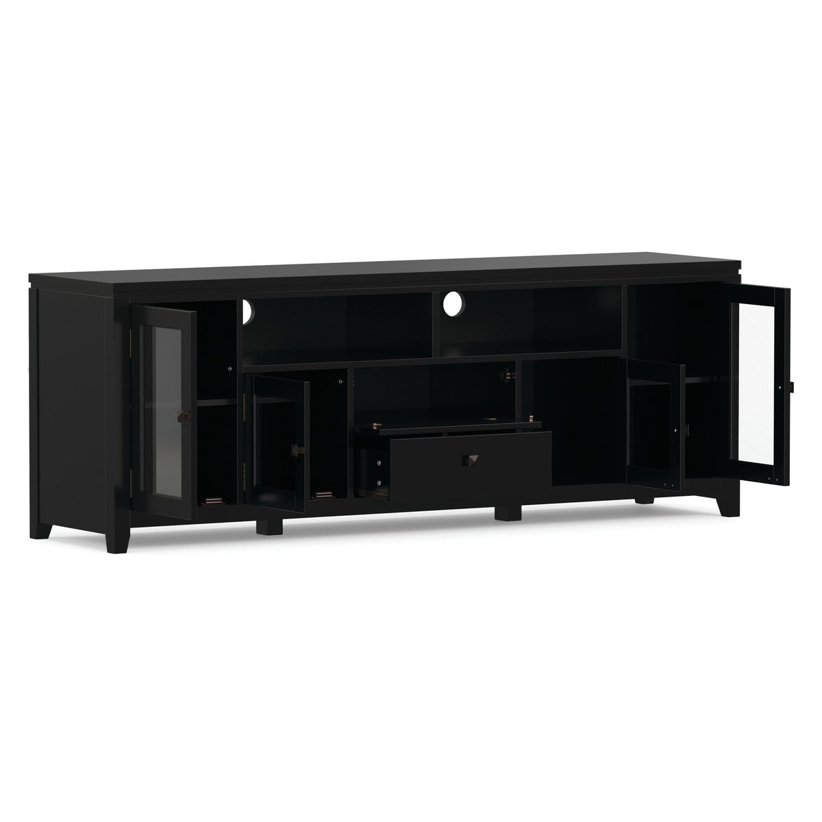 Wide dark TV media stand with doors open, showing adjustable shelves and center cubby