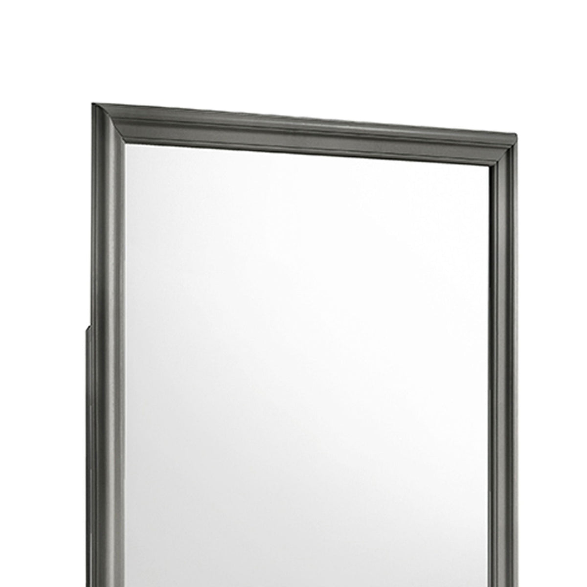 Dark gray framed square Blaze mirror close-up, reflective glass surface