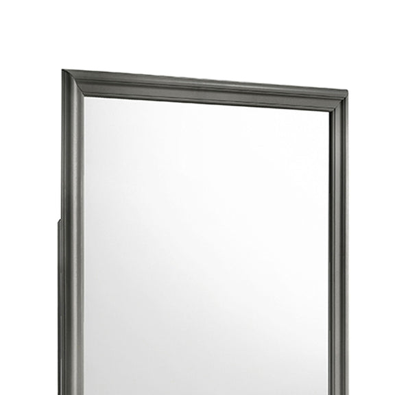 Dark gray framed square Blaze mirror close-up, reflective glass surface